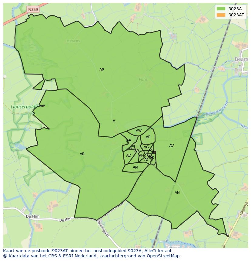 Afbeelding van het postcodegebied 9023 AT op de kaart.