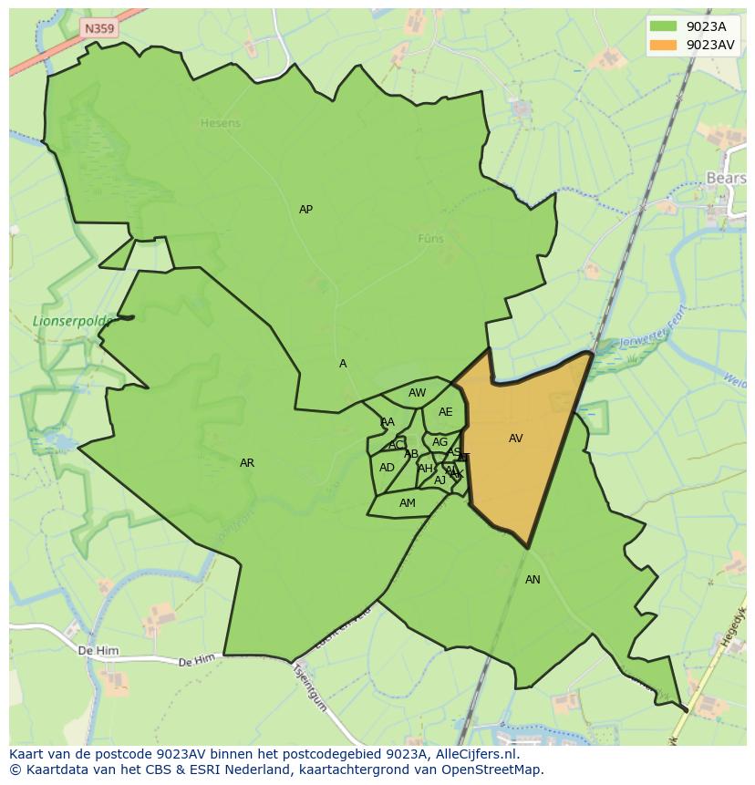 Afbeelding van het postcodegebied 9023 AV op de kaart.