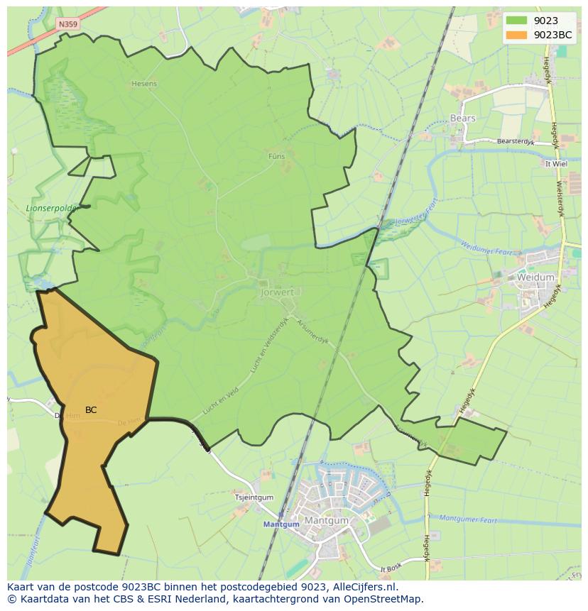 Afbeelding van het postcodegebied 9023 BC op de kaart.