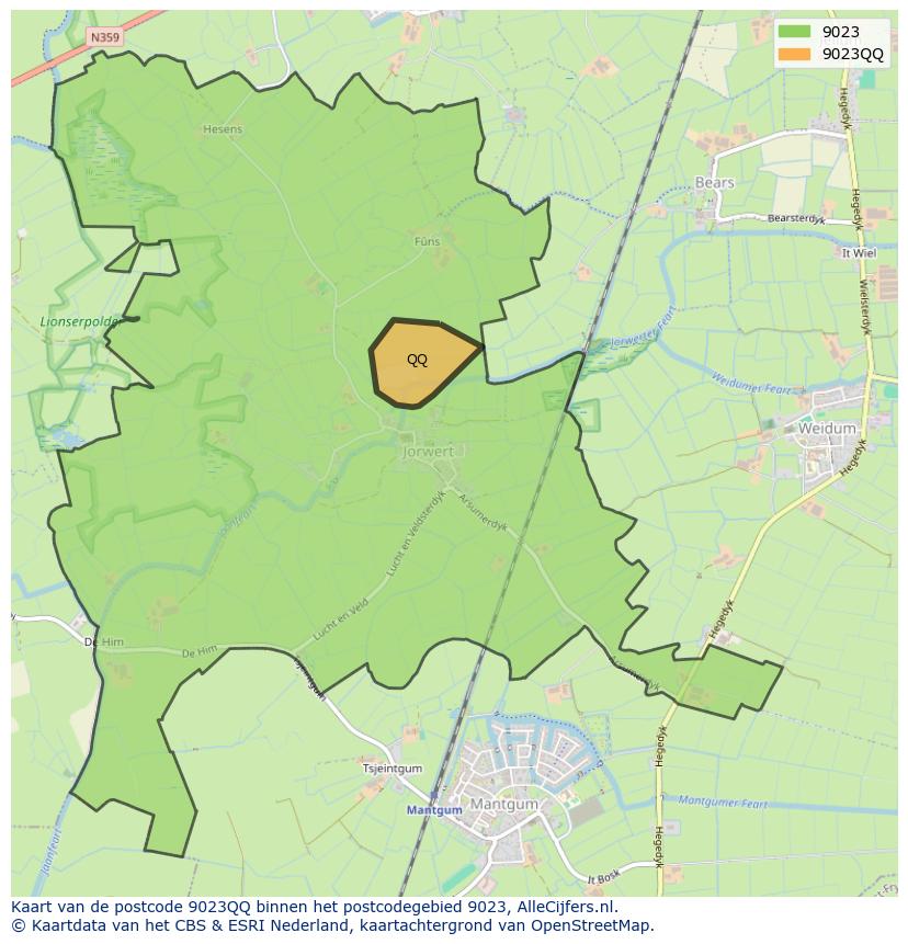 Afbeelding van het postcodegebied 9023 QQ op de kaart.
