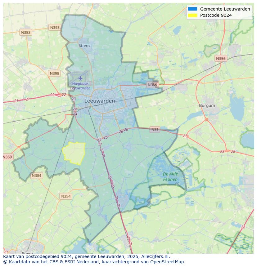 Afbeelding van het postcodegebied 9024 op de kaart.