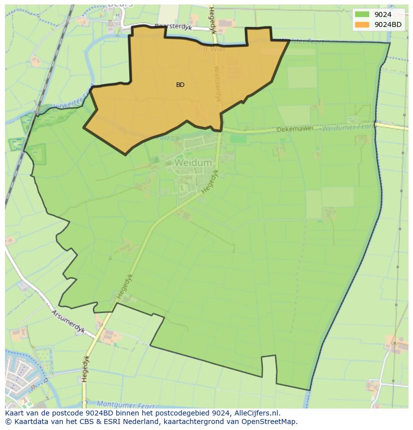 Afbeelding van het postcodegebied 9024 BD op de kaart.