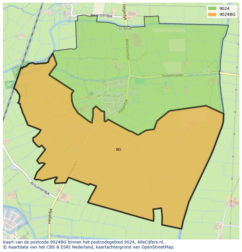 Afbeelding van het postcodegebied 9024 BG op de kaart.