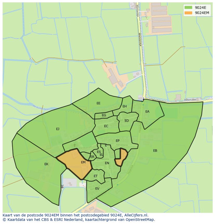 Afbeelding van het postcodegebied 9024 EM op de kaart.