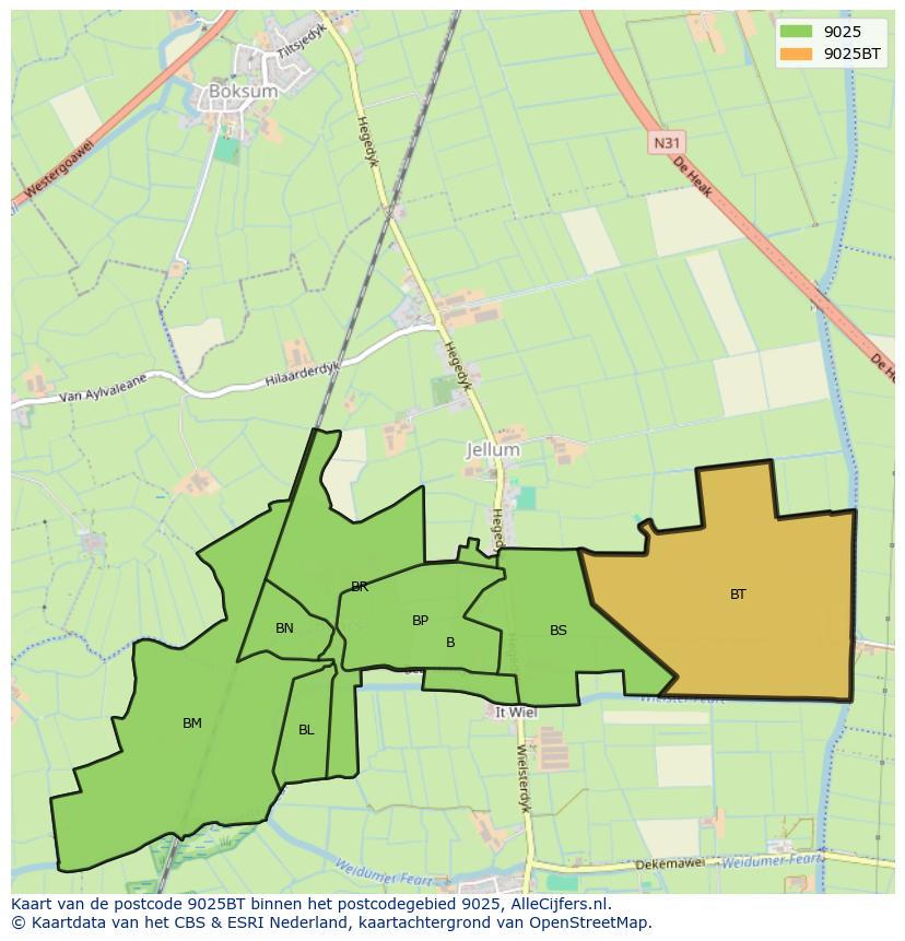 Afbeelding van het postcodegebied 9025 BT op de kaart.