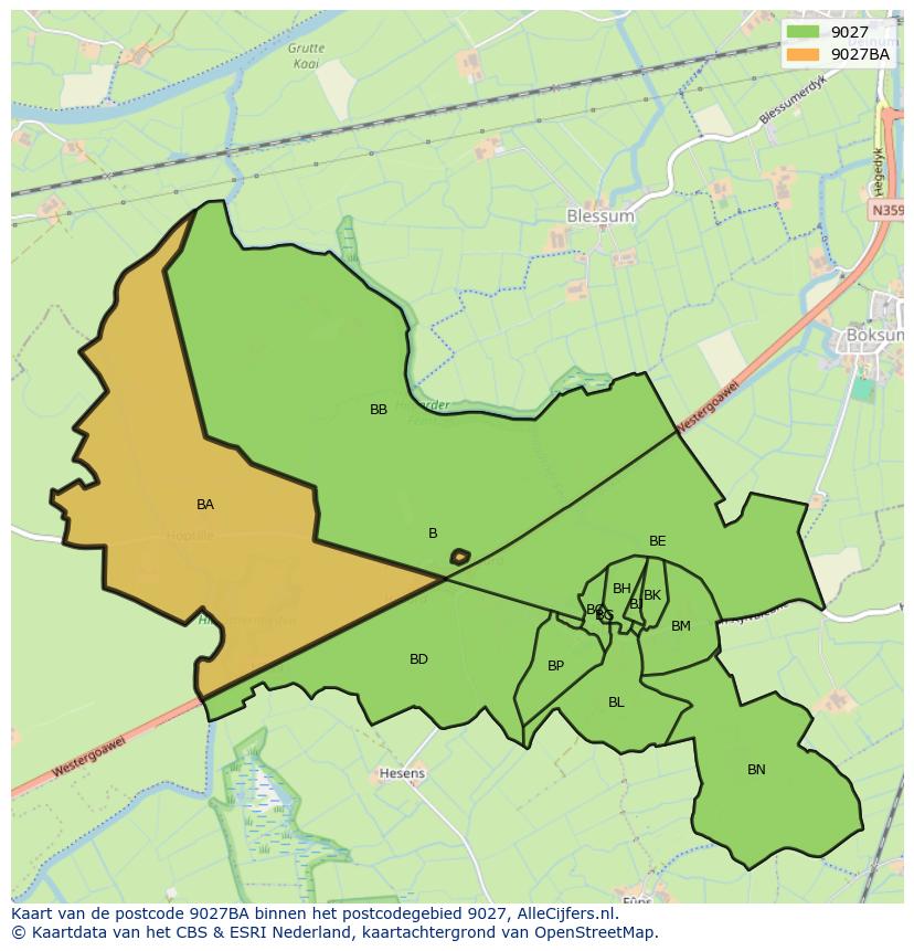 Afbeelding van het postcodegebied 9027 BA op de kaart.