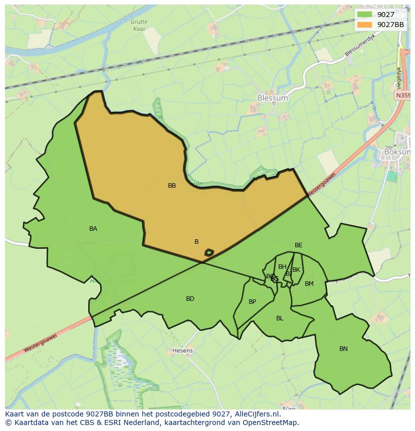 Afbeelding van het postcodegebied 9027 BB op de kaart.