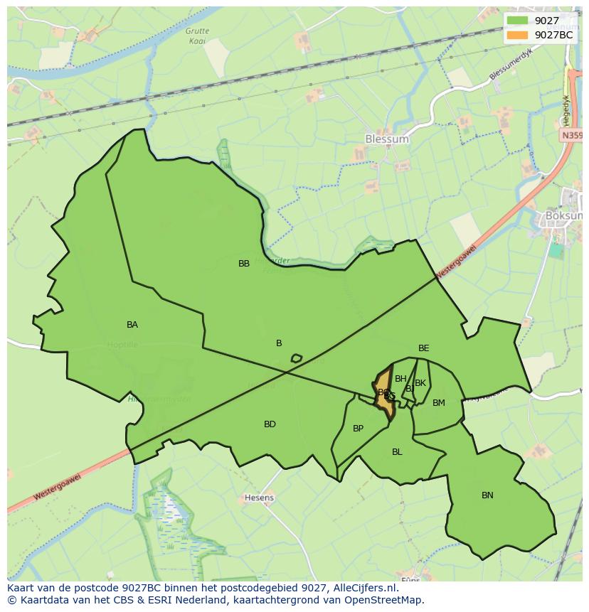 Afbeelding van het postcodegebied 9027 BC op de kaart.