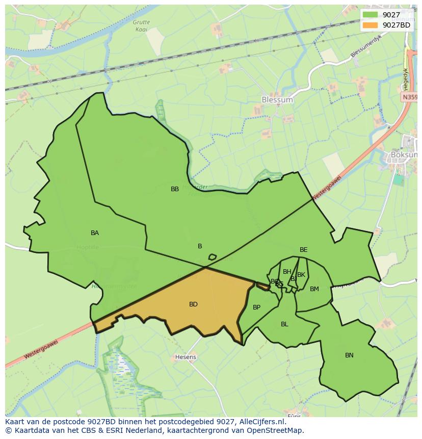 Afbeelding van het postcodegebied 9027 BD op de kaart.