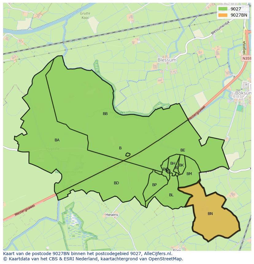 Afbeelding van het postcodegebied 9027 BN op de kaart.
