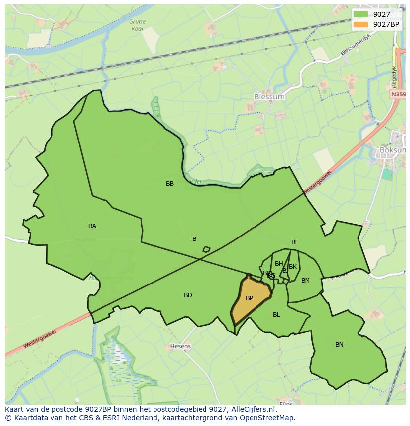 Afbeelding van het postcodegebied 9027 BP op de kaart.