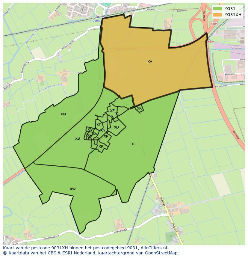Afbeelding van het postcodegebied 9031 XH op de kaart.