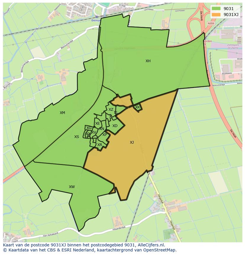 Afbeelding van het postcodegebied 9031 XJ op de kaart.
