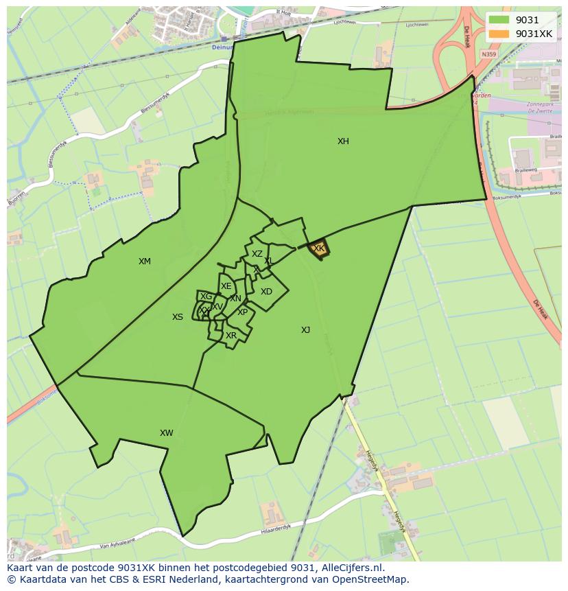 Afbeelding van het postcodegebied 9031 XK op de kaart.
