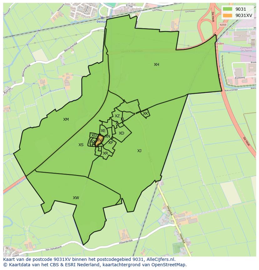 Afbeelding van het postcodegebied 9031 XV op de kaart.