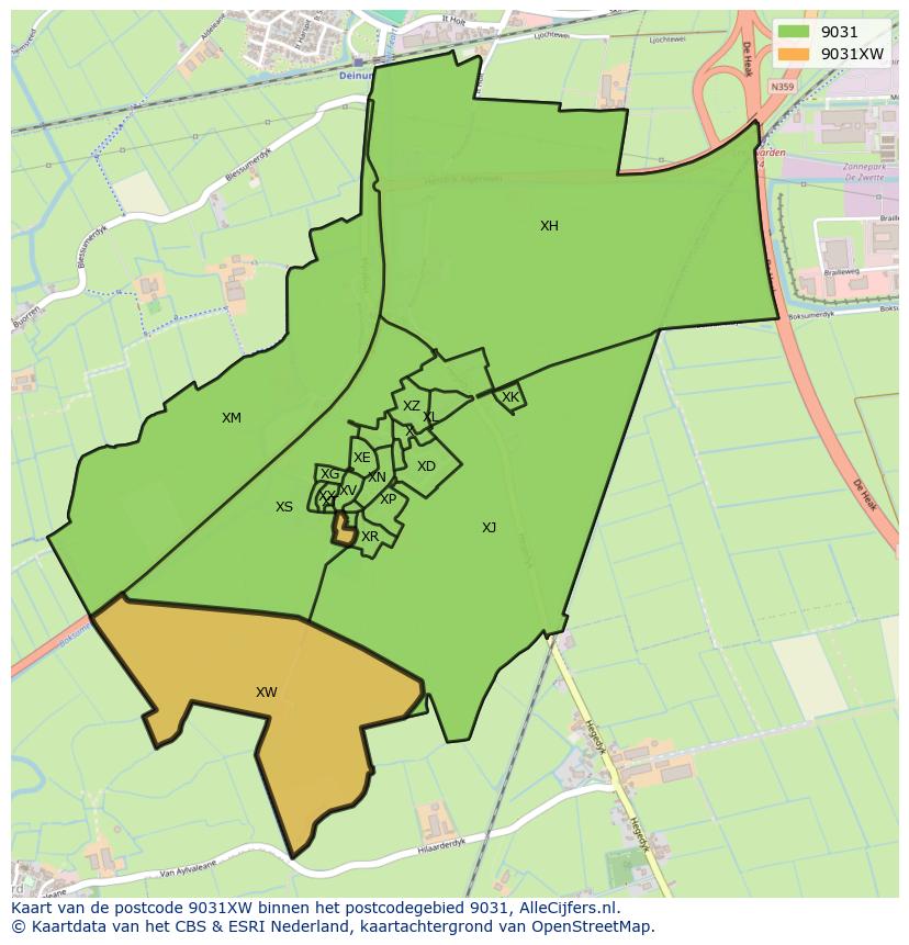 Afbeelding van het postcodegebied 9031 XW op de kaart.