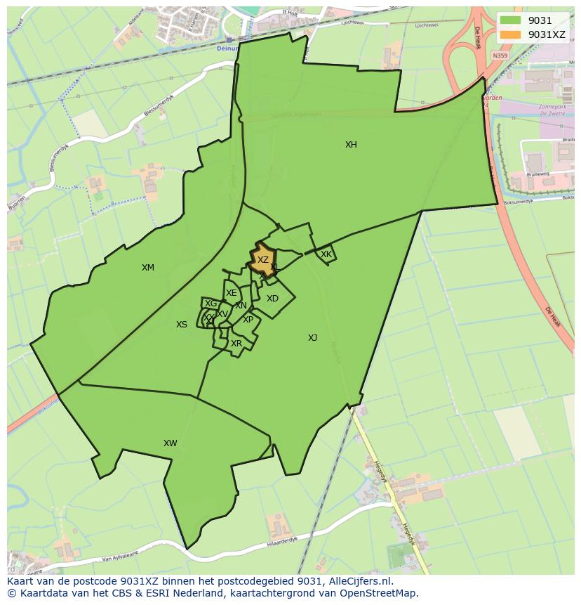 Afbeelding van het postcodegebied 9031 XZ op de kaart.