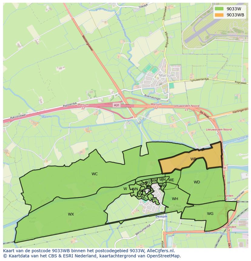 Afbeelding van het postcodegebied 9033 WB op de kaart.