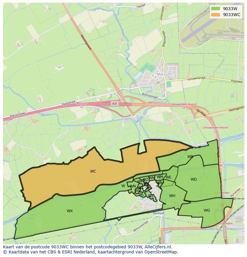 Afbeelding van het postcodegebied 9033 WC op de kaart.