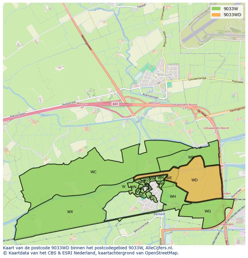 Afbeelding van het postcodegebied 9033 WD op de kaart.
