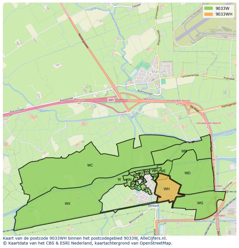 Afbeelding van het postcodegebied 9033 WH op de kaart.