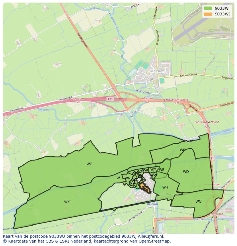 Afbeelding van het postcodegebied 9033 WJ op de kaart.