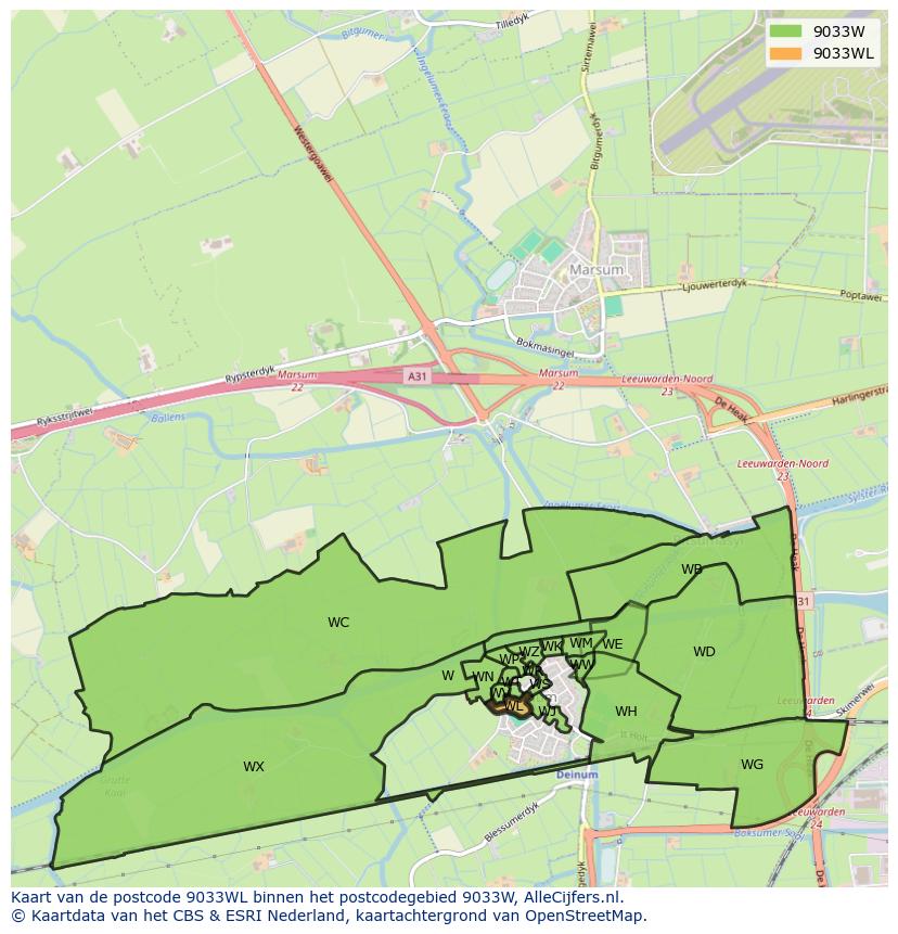 Afbeelding van het postcodegebied 9033 WL op de kaart.