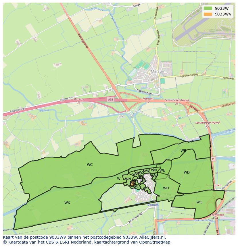 Afbeelding van het postcodegebied 9033 WV op de kaart.