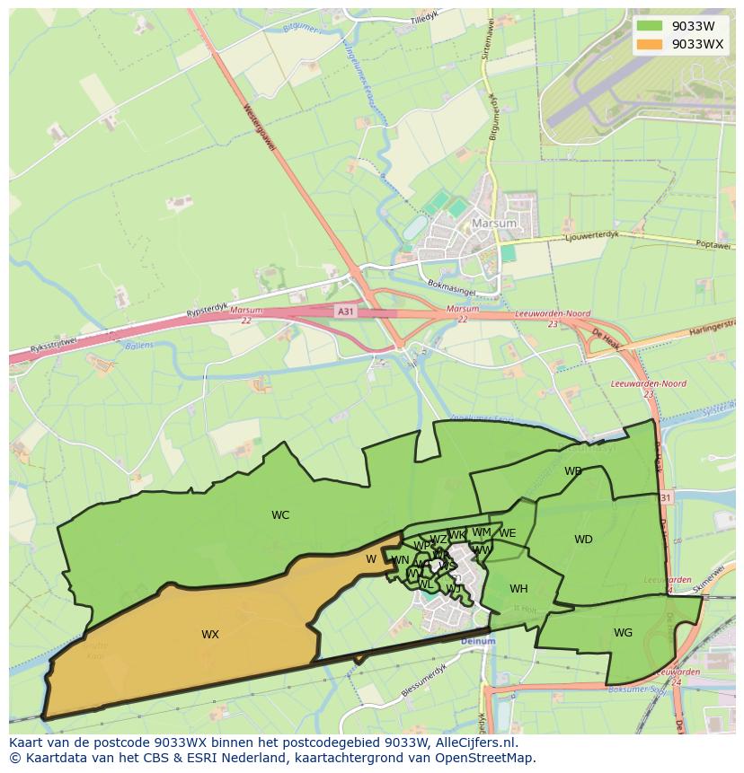 Afbeelding van het postcodegebied 9033 WX op de kaart.