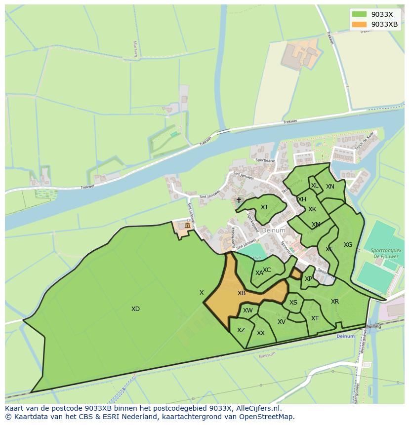 Afbeelding van het postcodegebied 9033 XB op de kaart.