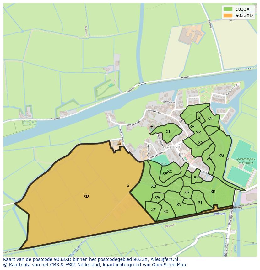 Afbeelding van het postcodegebied 9033 XD op de kaart.