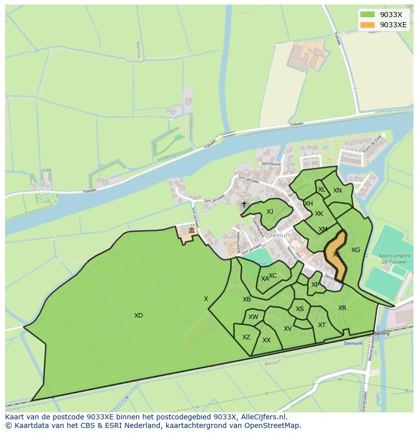 Afbeelding van het postcodegebied 9033 XE op de kaart.