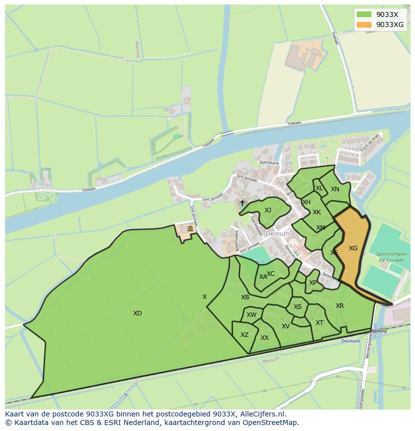 Afbeelding van het postcodegebied 9033 XG op de kaart.