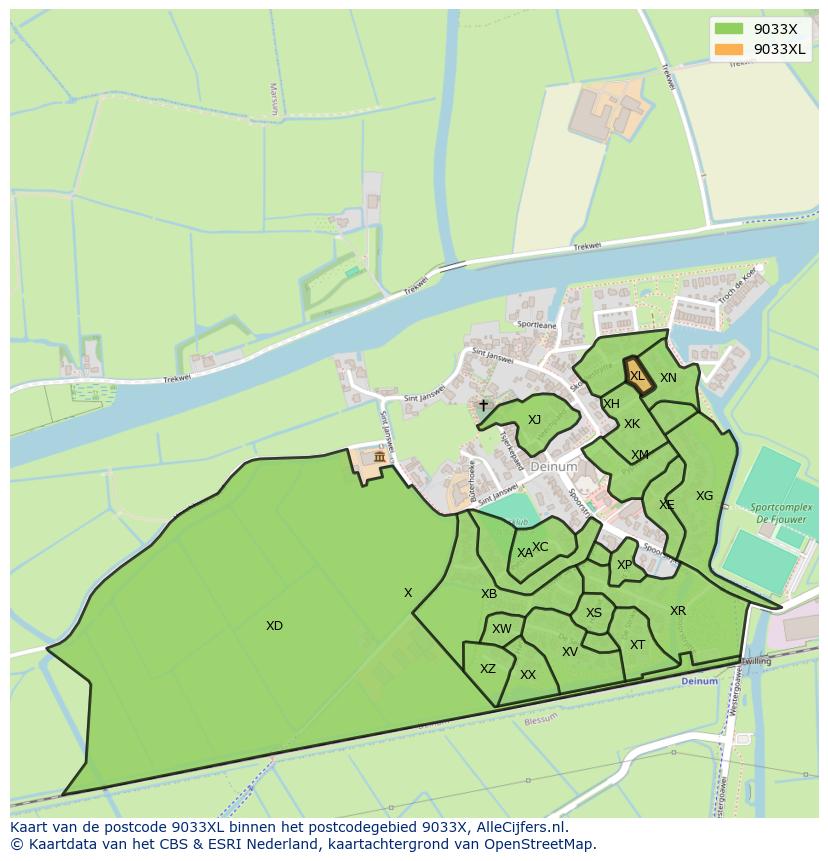 Afbeelding van het postcodegebied 9033 XL op de kaart.