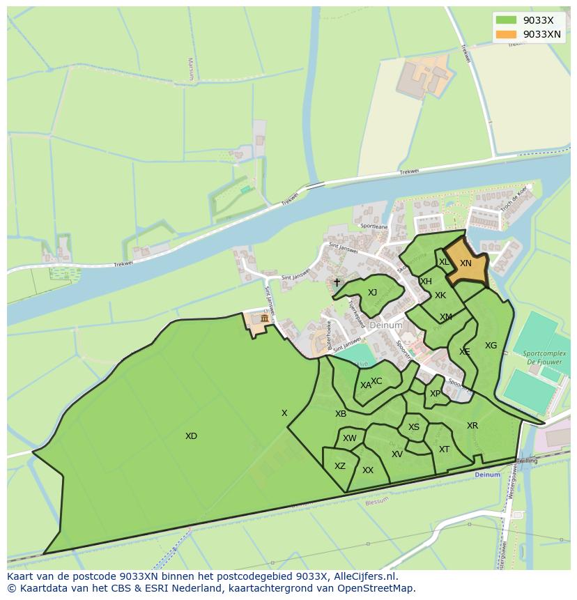 Afbeelding van het postcodegebied 9033 XN op de kaart.