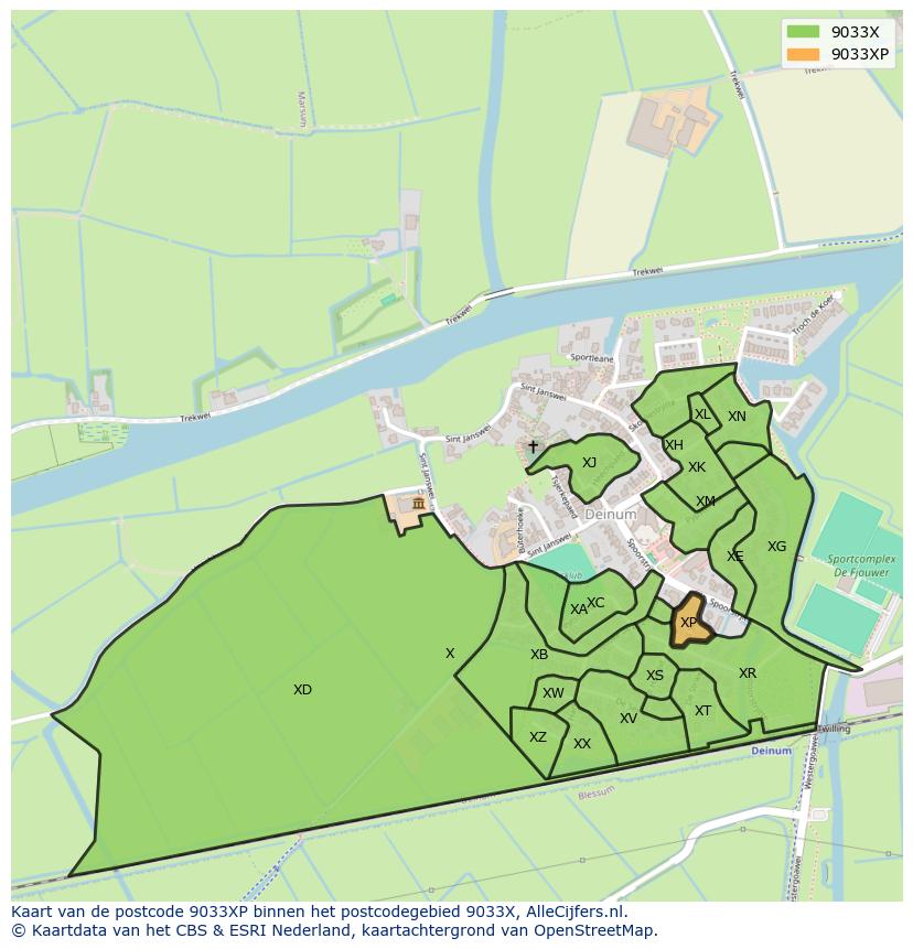 Afbeelding van het postcodegebied 9033 XP op de kaart.