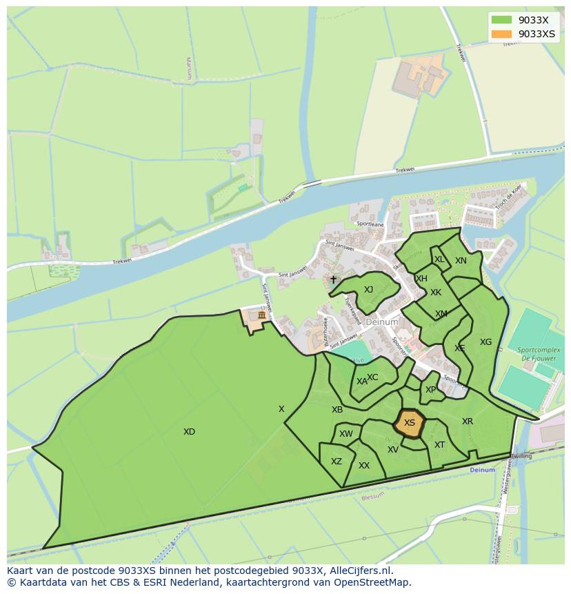 Afbeelding van het postcodegebied 9033 XS op de kaart.