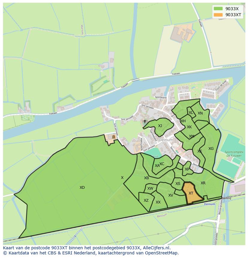 Afbeelding van het postcodegebied 9033 XT op de kaart.