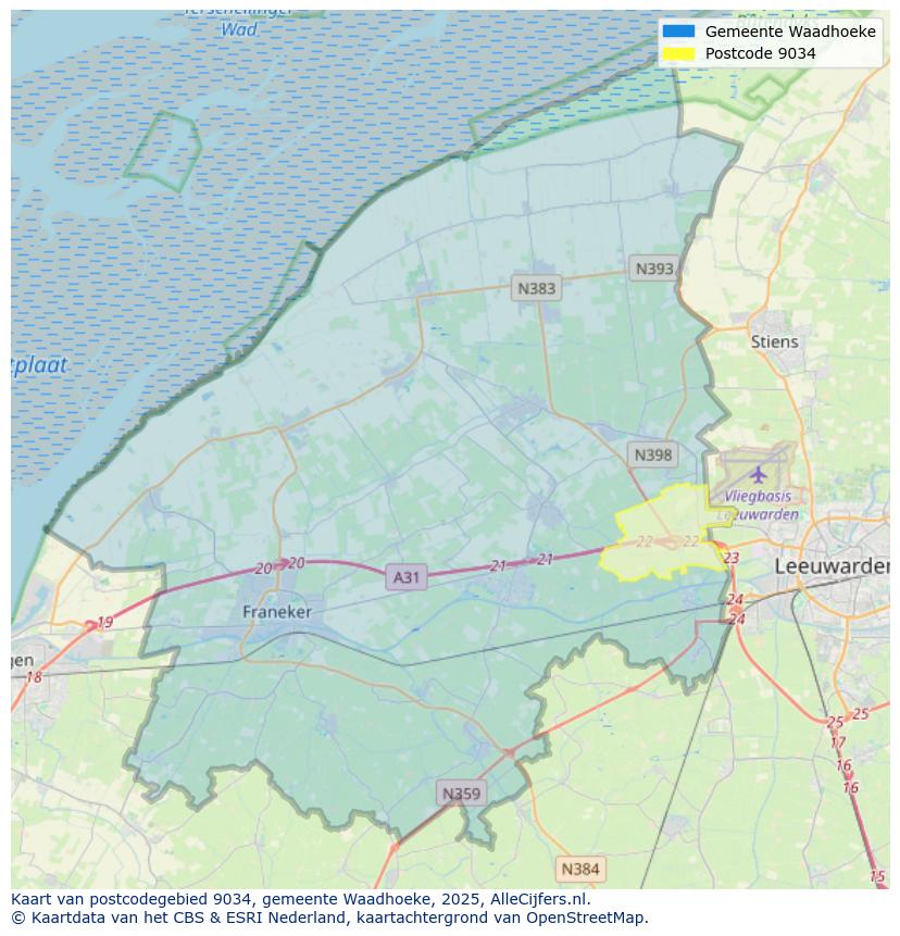 Afbeelding van het postcodegebied 9034 op de kaart.