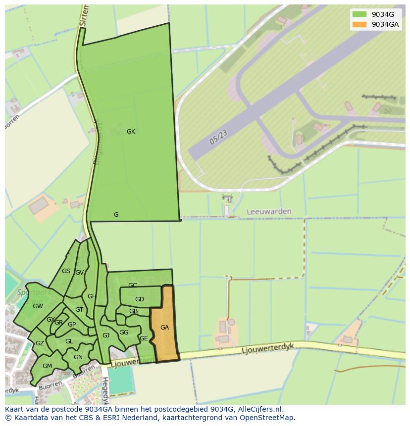 Afbeelding van het postcodegebied 9034 GA op de kaart.