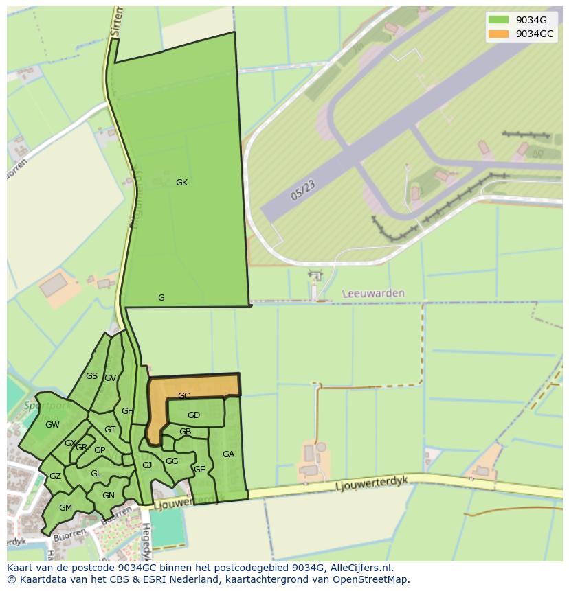 Afbeelding van het postcodegebied 9034 GC op de kaart.