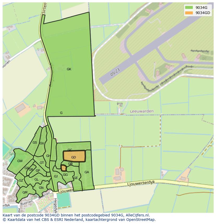 Afbeelding van het postcodegebied 9034 GD op de kaart.