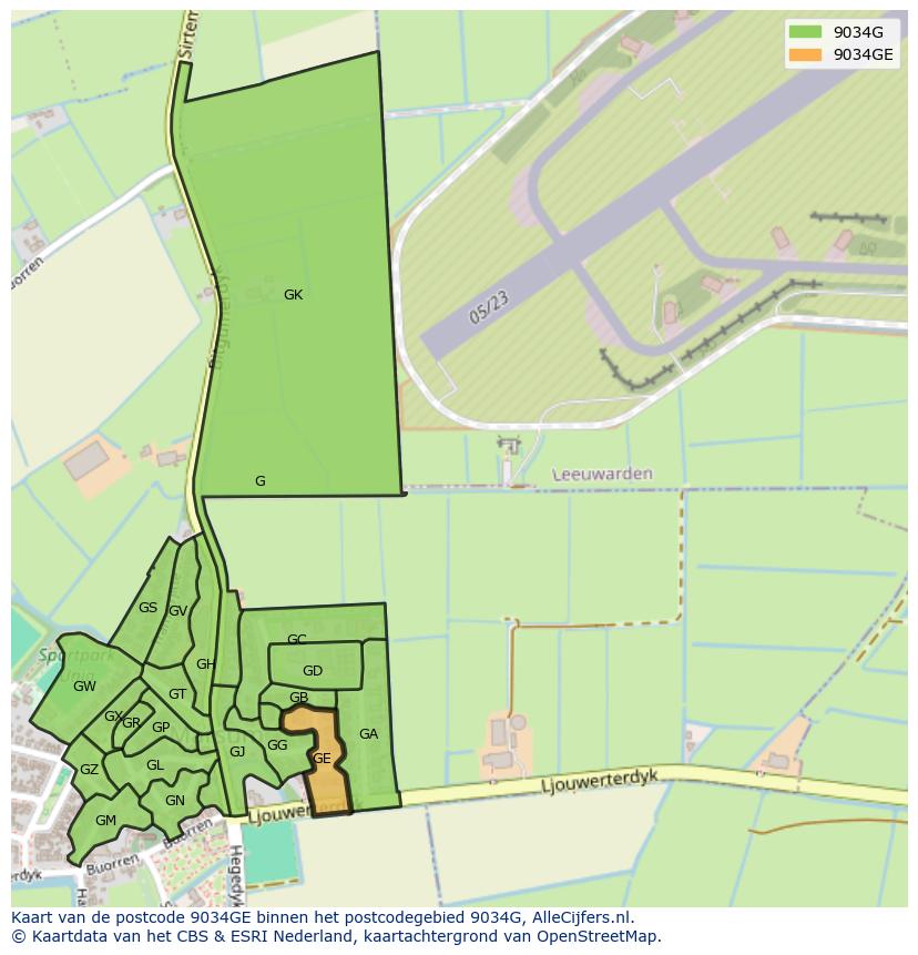 Afbeelding van het postcodegebied 9034 GE op de kaart.