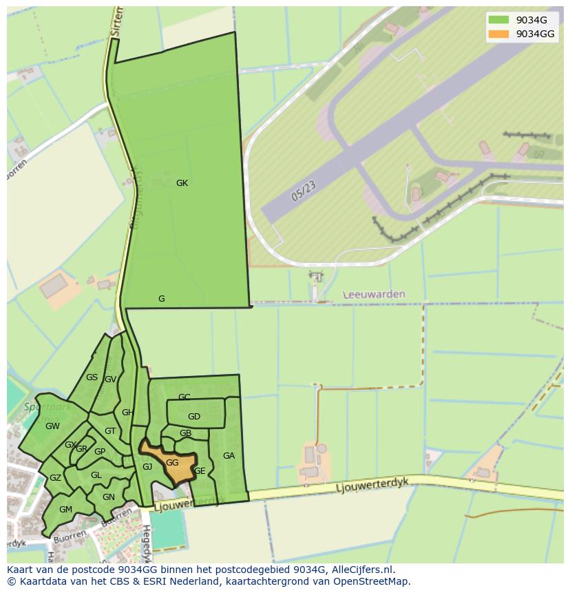 Afbeelding van het postcodegebied 9034 GG op de kaart.