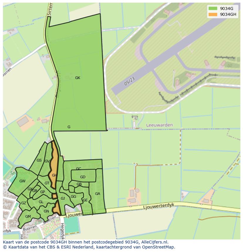 Afbeelding van het postcodegebied 9034 GH op de kaart.