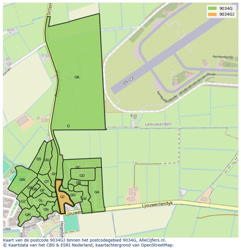 Afbeelding van het postcodegebied 9034 GJ op de kaart.