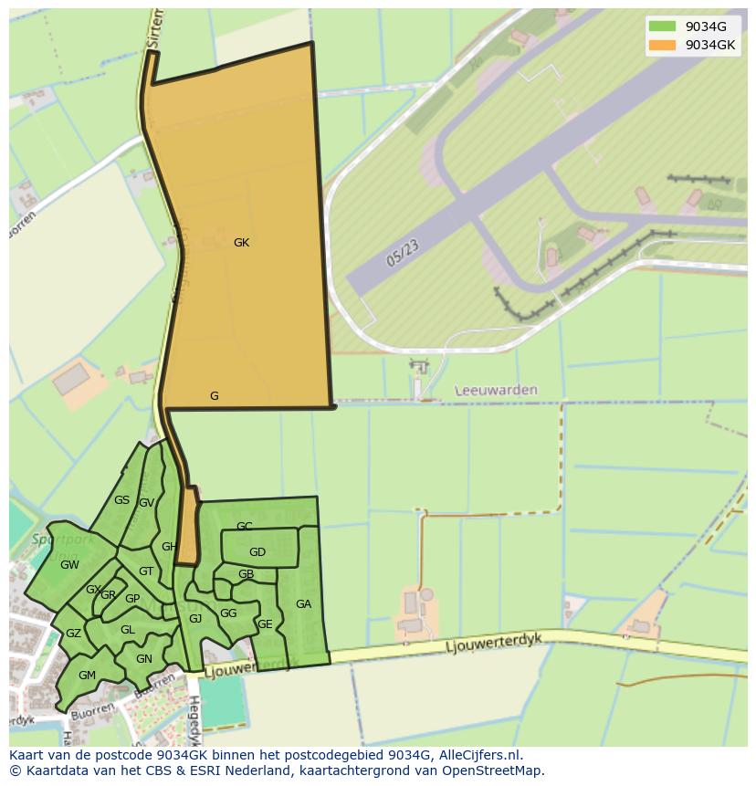 Afbeelding van het postcodegebied 9034 GK op de kaart.