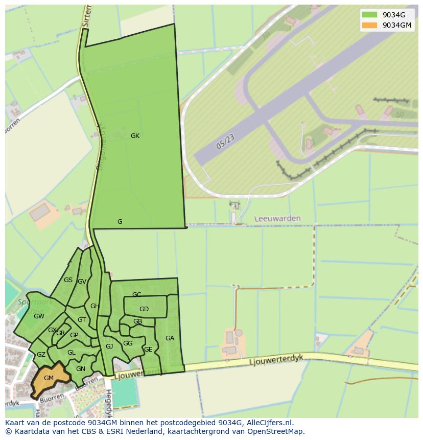 Afbeelding van het postcodegebied 9034 GM op de kaart.