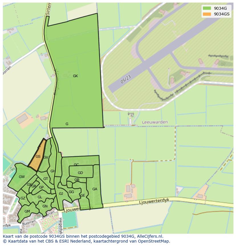 Afbeelding van het postcodegebied 9034 GS op de kaart.