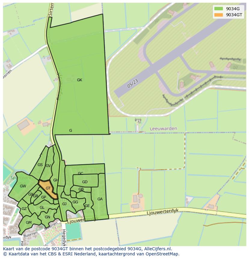 Afbeelding van het postcodegebied 9034 GT op de kaart.